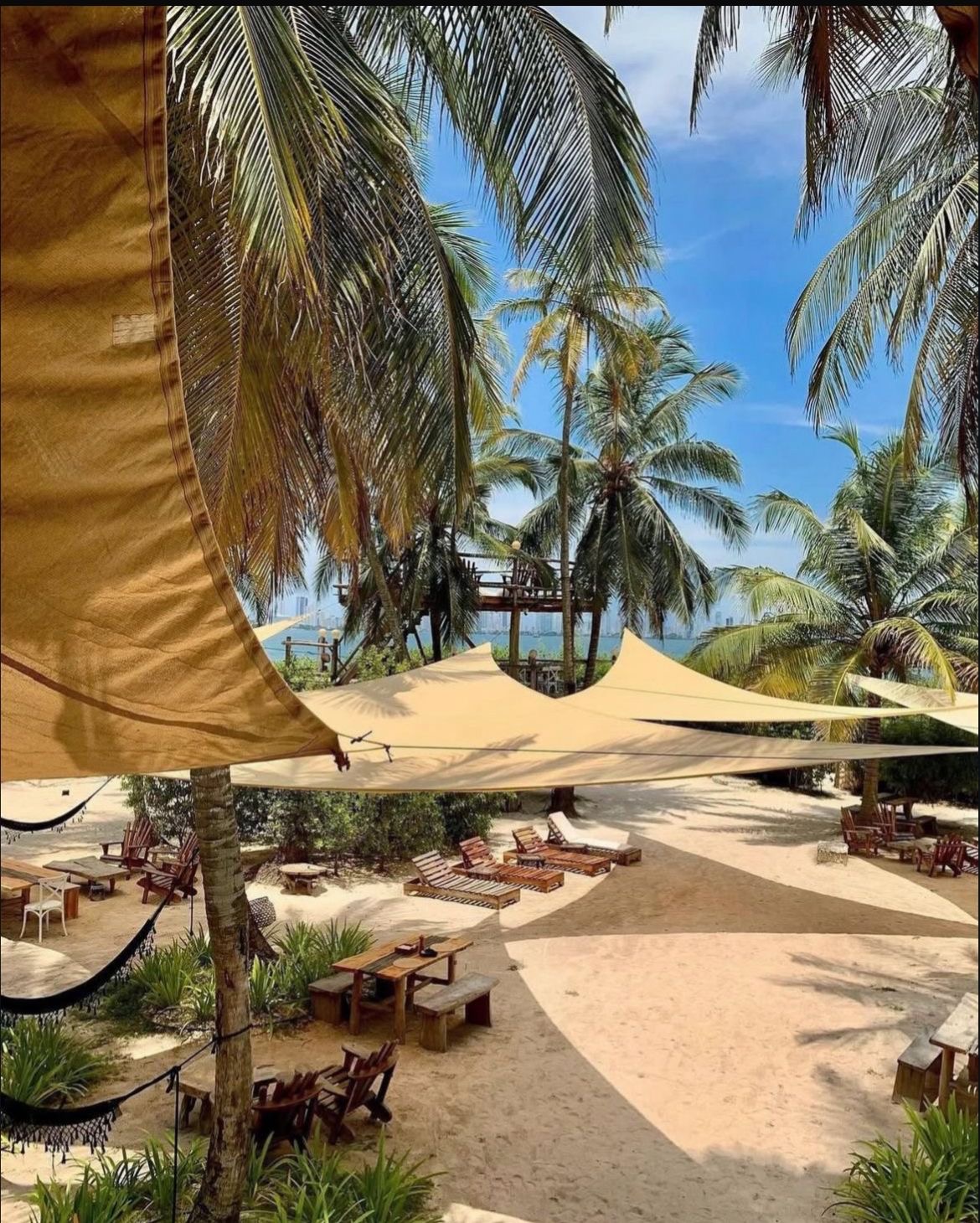 Velas de sombra y zona de descanso bajo palmeras