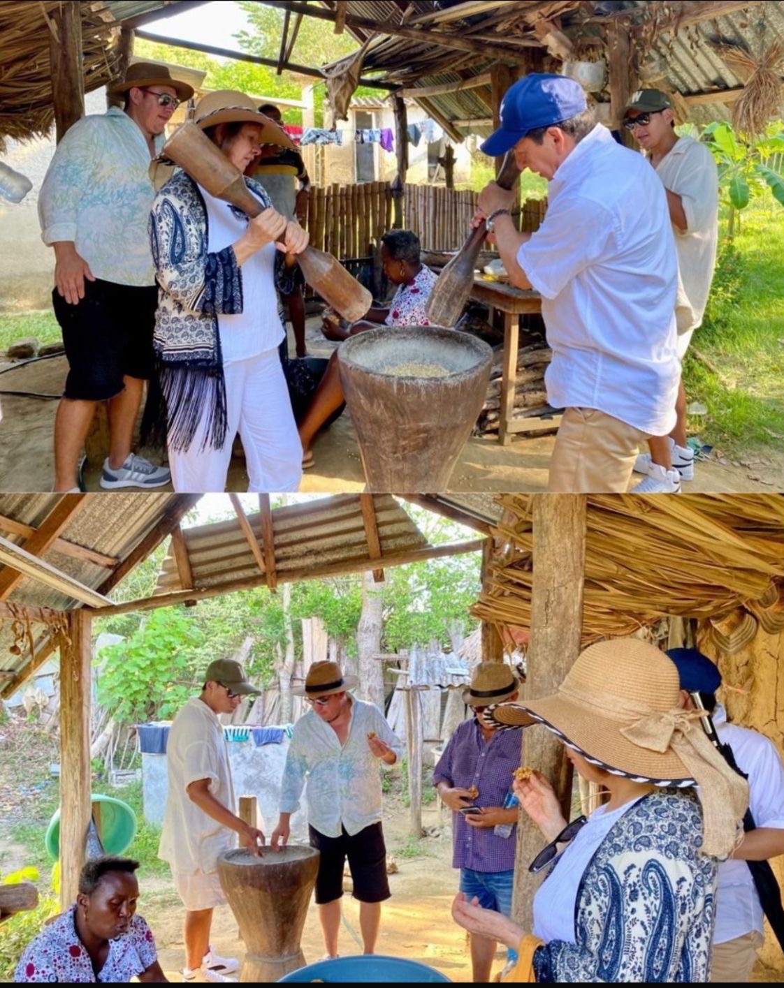 Preparación tradicional del arroz en pilón de madera